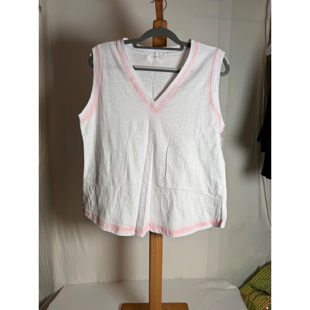 Six Fifty Womens XL White Pink Trim V-Neck Sleeveless Slub Knit Tank Top NWT